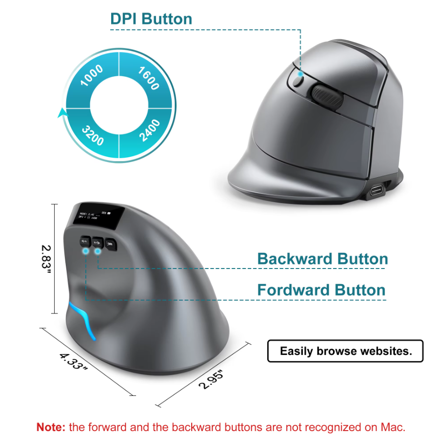 MOUSE VERTICAL WIRELESS - BLUETOOTH ERGONOMICO CON PANTALLA OLED LUZ RGB RECARGABLE